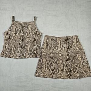 Vtg 90s Y2K Mini Skirt Set Size 7 Brown Snakeskin Slit USA Square Neck Mandee